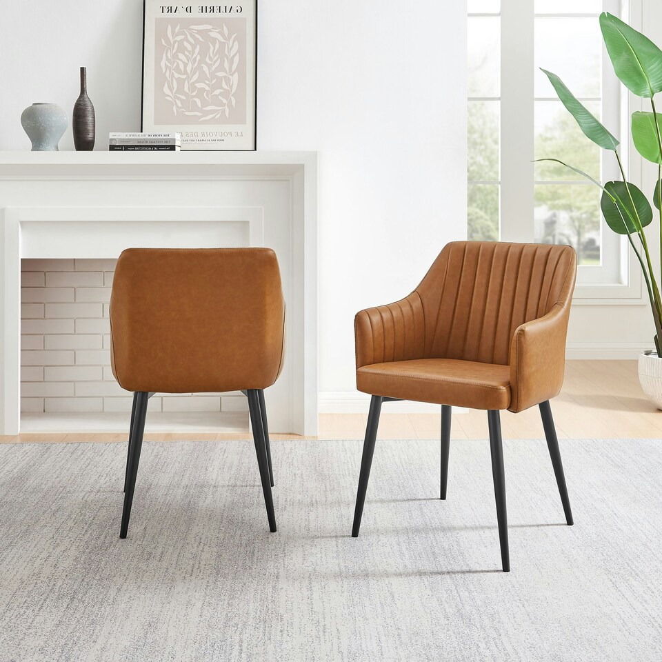 image 1 of Furniturebox Calla 2x Tan Faux Leather Black Leg Dining Chair