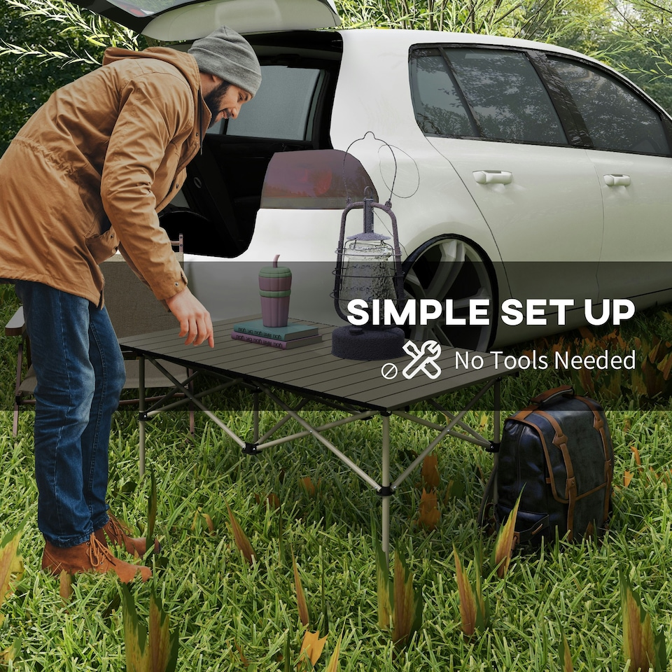 image 1 of Outsunny Portable Folding Camping Table w/ Roll Up Aluminium Top Carry Bag Khaki