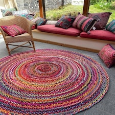 SUNDAR Round Rug Braided with Recycled Fabric - L150 x W150 - Multicolour