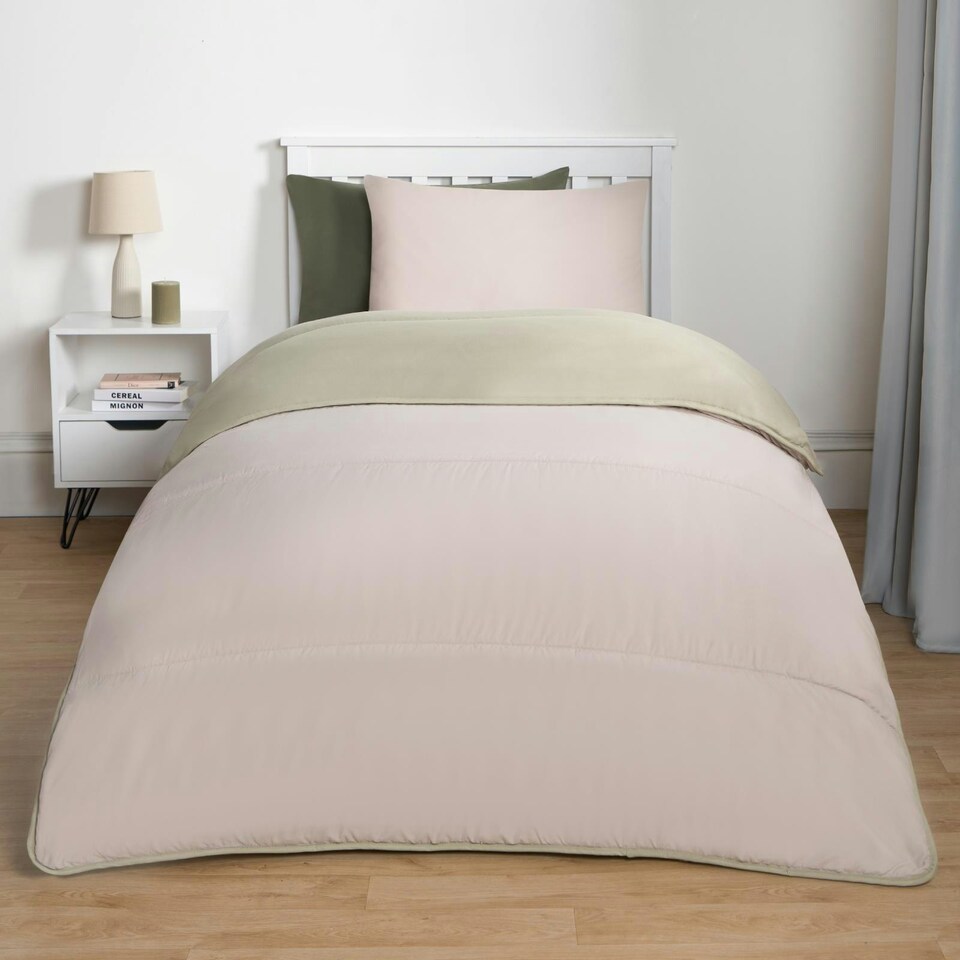 image 1 of OHS Coverless Reversible 10.5 Tog Duvet And Pillowcase Bedding Set, Single - Sage/Natural