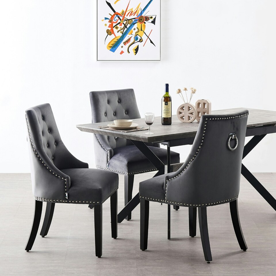 image 1 of Set of 2 Velvet Dining Chairs Ergonomic Scoop Knockerback & Button Tufted Wood Legs Grey | Dark Grey