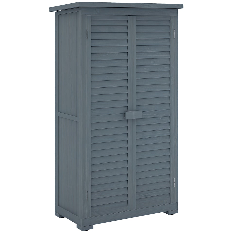 image 1 of Outsunny Small Shed, Wooden Garden Storage Shed, 3 Shelves Outdoor Tool Shed Cabinet with Asphalt Roof and Shutter Doors, 87cm x 47cm x 160cm, Grey | Grey | 1