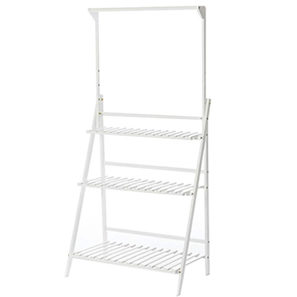 image 1 of Living and Home 3-Tier Foldable Wooden Ladder Shelf with Hanging Rod