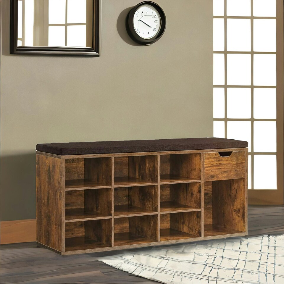 image 1 of 10 Compartment Shoe Storage Bench Industrial Rustic Brown Brown