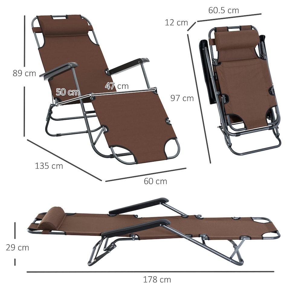 image 1 of Outsunny 2 in 1 Outdoor Folding Sun Lounger with Adjustable Back Brown