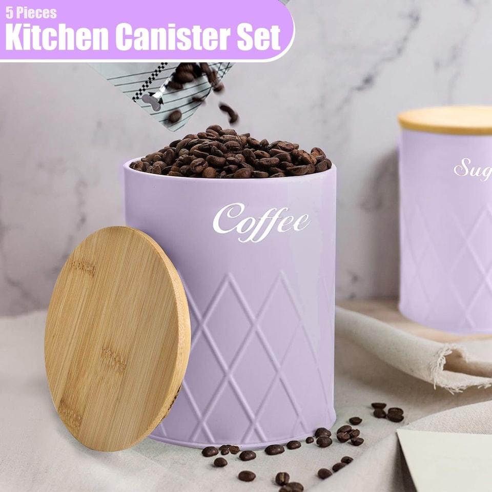image 1 of 6Pcs Kitchen Storage Canister Jars with Can Opener Airtight Bamboo Lid Tea Coffee Sugar Bread Tins Set