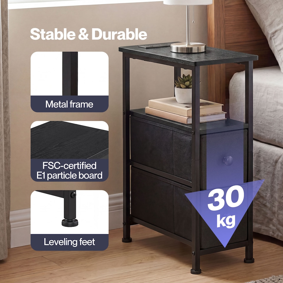 image 1 of Levede Bedside Table Narrow Side Table with LED Charging Station Storage Black