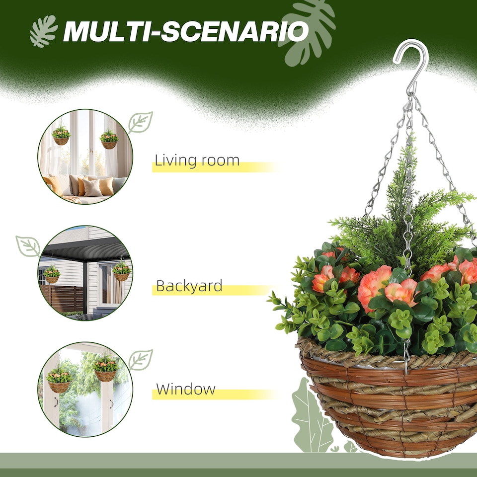 image 1 of Outsunny Pack of 2 FauPlant Artificial Lisianthus Flowers Hanging Planter with Basket for Indoor Decoration, Orange