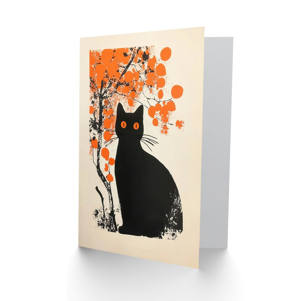 image 1 of Cat Lover Black Pet Under Autumn Orange Tree Halloween Greeting Card