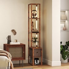 HOMCOM Floor Lamp with Shelves, LED Column Modern Standing Lamp with Fabric Drawer, Adjustable Brightness, Foot Switch for Living Room, Bedroom, Office, Rustic Brown | Brown