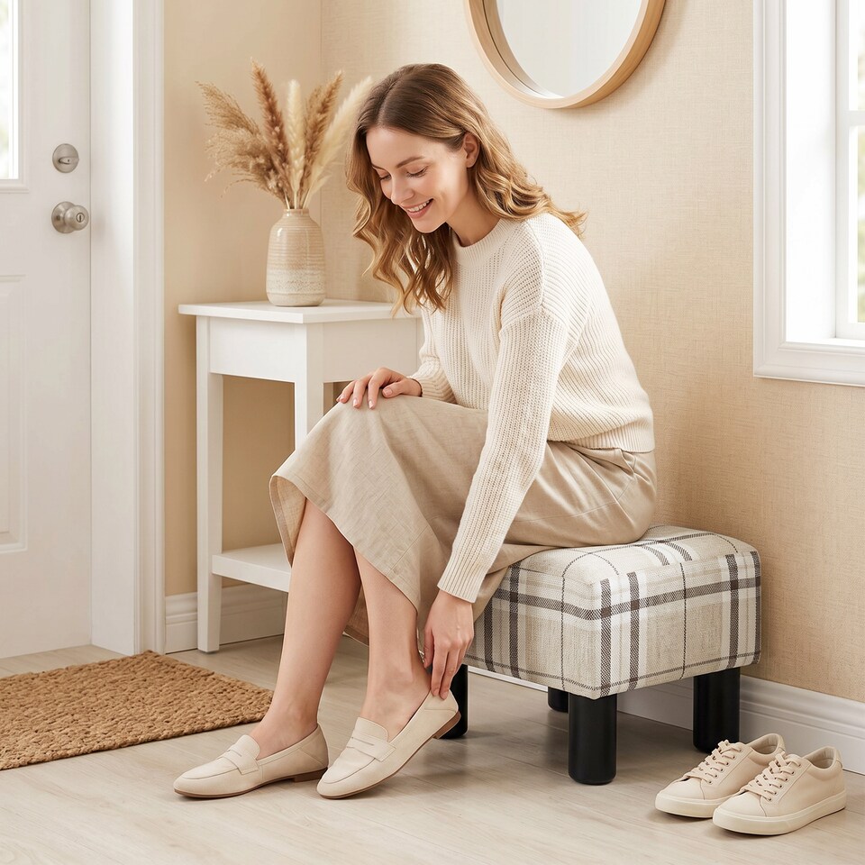 image 1 of HOMCOM Chic Linen Fabric Foot Stool Ottoman Cube with Legs