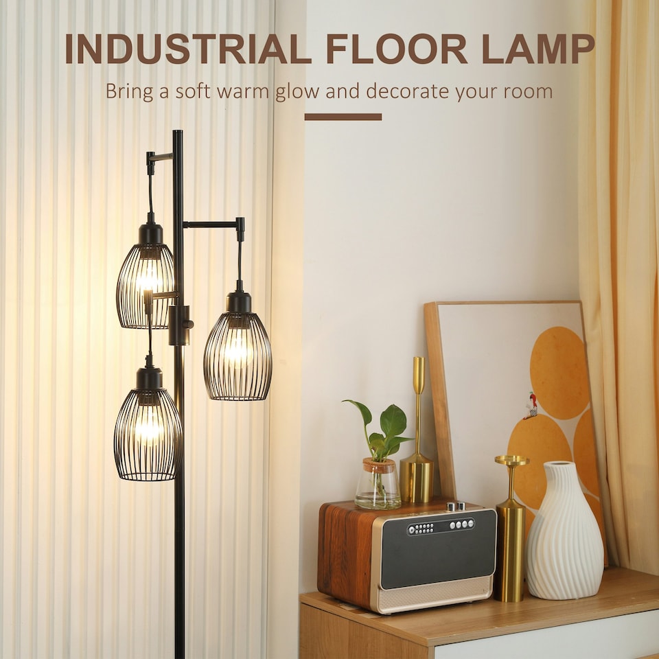 image 1 of HOMCOM Industrial 3-Light Floor Lamp Dimmable Standing Lamp for Living Room