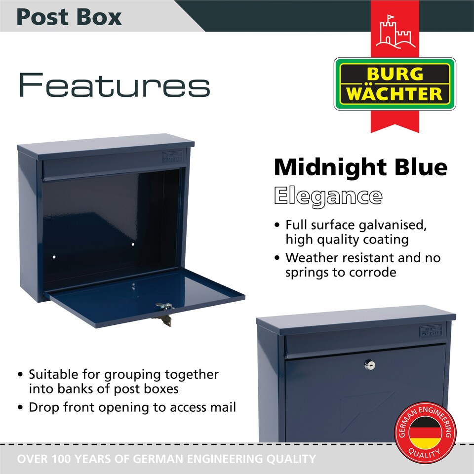 image 1 of Burg-Wachter Elegance Wall Mounted Galvanised Stell Lockable Weatherproof Ppost Box - 36x31x11cm Blue | Midnight Blue
