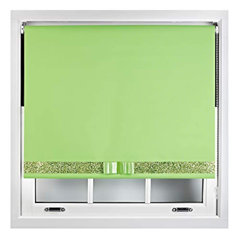 image 1 of FURNISHED Blackout Roller Blind with Gold Glitter Trim and Lime Bow Cut to Size | Green | Lime | (W) 180cm x (L) 165cm