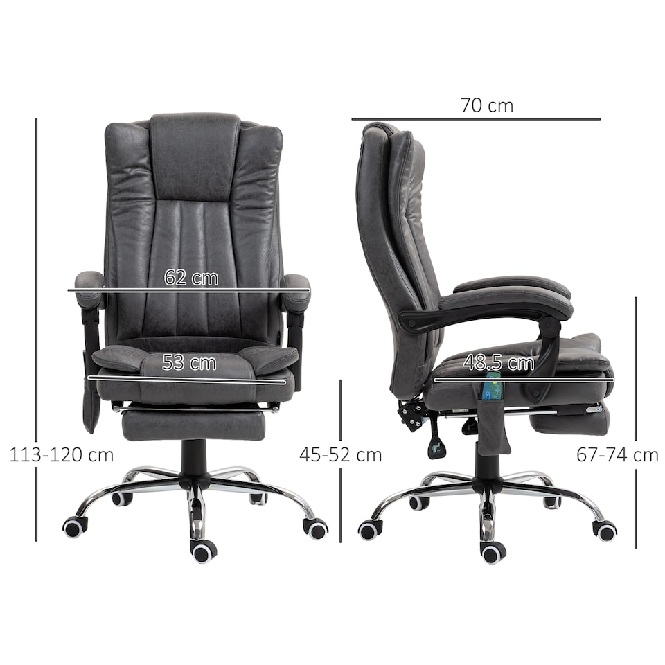 image 1 of Vinsetto Office Chair with Massage and Heat, Microfibre Reclining Computer Desk Chair with Footrest and Adjustable Height, Swivel Wheels for Home Office, Charcoal Grey