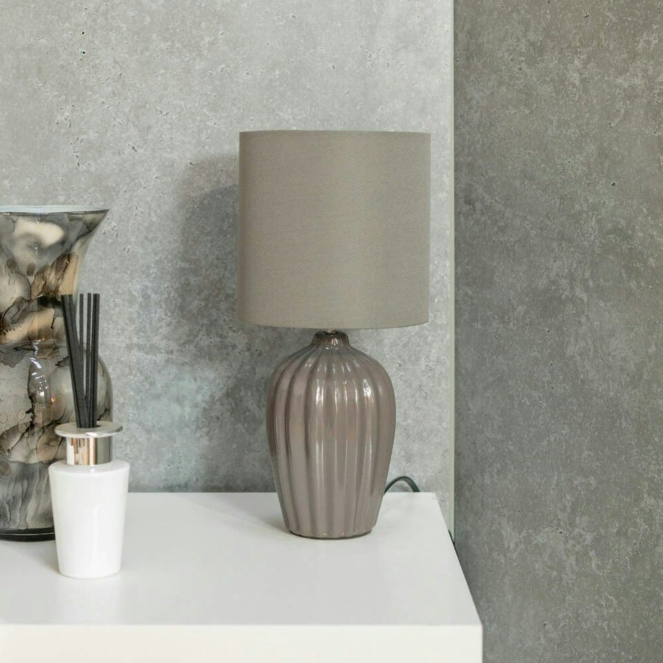 image 1 of ValueLights Carbone Pair of Grey Fluted Ceramic Bedside Table Lamps with a Fabric Lampshade