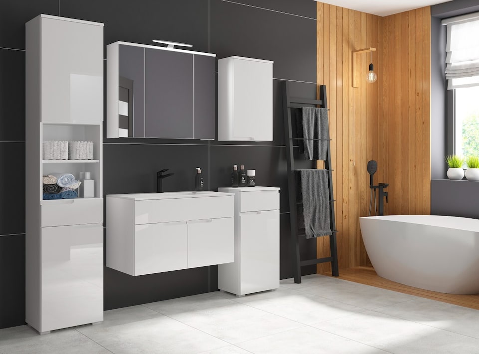 image 1 of Small Bathroom Cabinet Wall Mounted Storage Unit Slim Single Door Cupboard Handleless Narrow White Gloss Spice