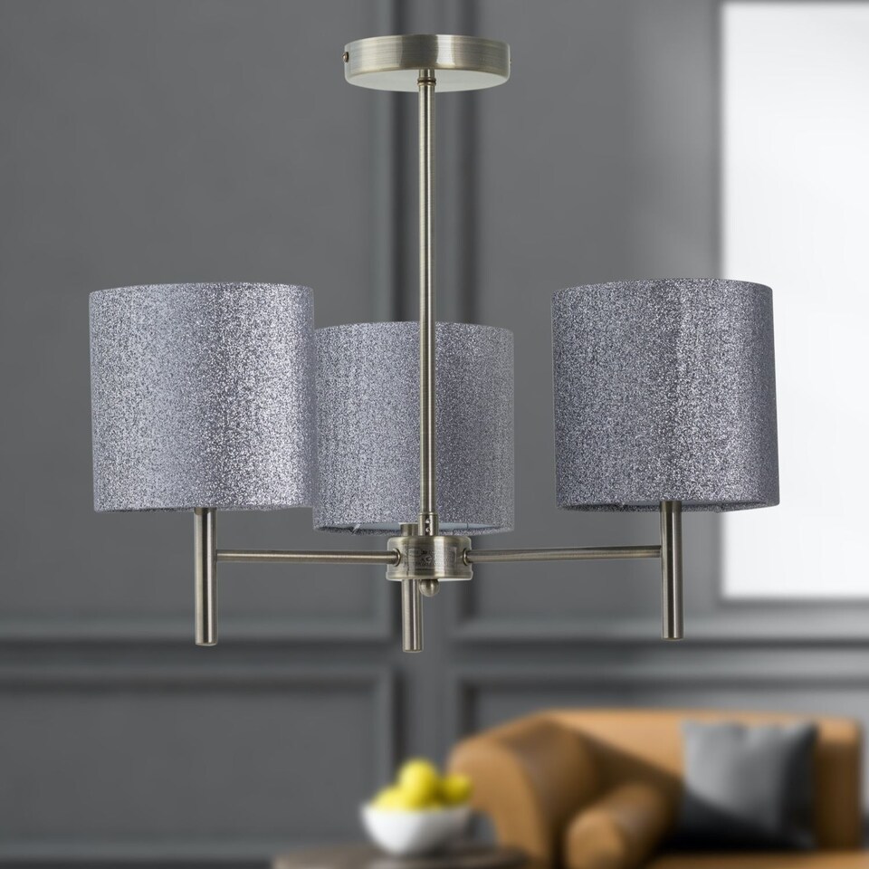 image 1 of Brea - Antique Brass 3 Light Fitting with Silvery Grey Glitter Shades | Yellow | Grey | 1