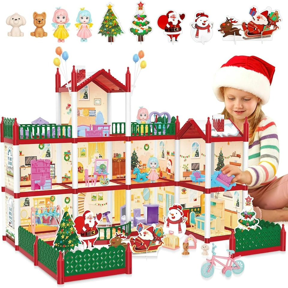 image 1 of Christmas Doll House Playset – 3D DIY Two-Story Dream Home with Accessories & Garden Holiday Gift for Kids Ages 3+