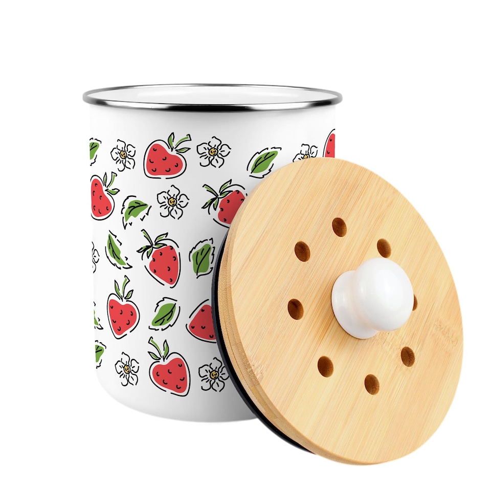 image 1 of Strawberry Flowers Food Waste Caddy - Metal 2L Decorative Kitchen Compost Bin