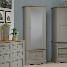 Corona Armoire with Mirrored Door and Drawer - Solid Wood Wardrobe with Hanging Rail and Storage | Grey | Grey | One Size | 1