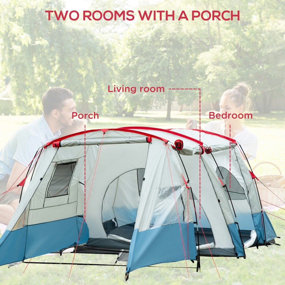 image 1 of Outsunny 6-8 Person Tunnel Tent, Two-room Camping Tent with Carry Bag, Grey
