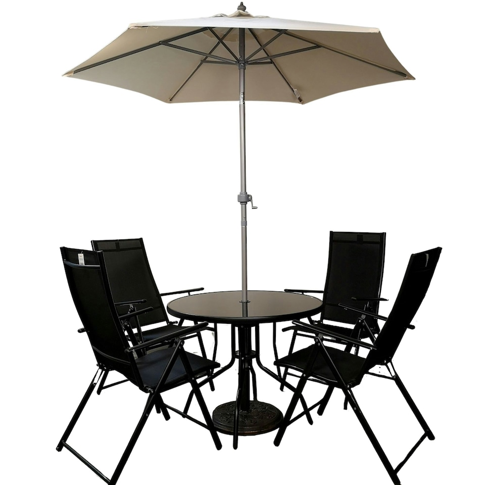 image 1 of Outdoor 4 Person Round Glass Top Garden Patio Dining Table Chairs Cream Parasol and Base Set