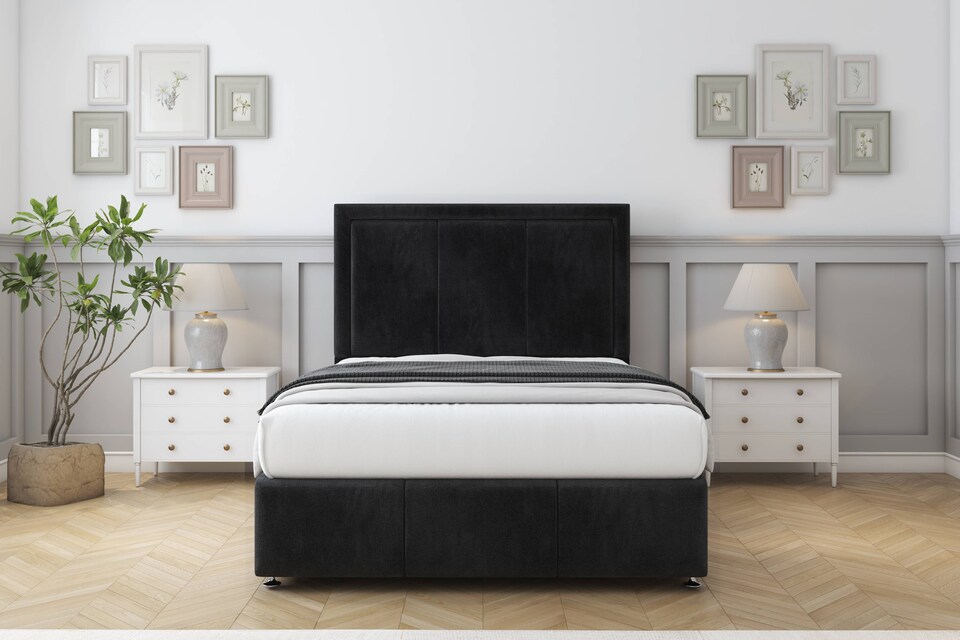 image 1 of Sloomy Lancaster Black Naples Divan Bed Base 2 Drawers Right Side With 26 Inch Strutted Headboard & 12 Inch Matching Footboard | Black | Black | Single | 1