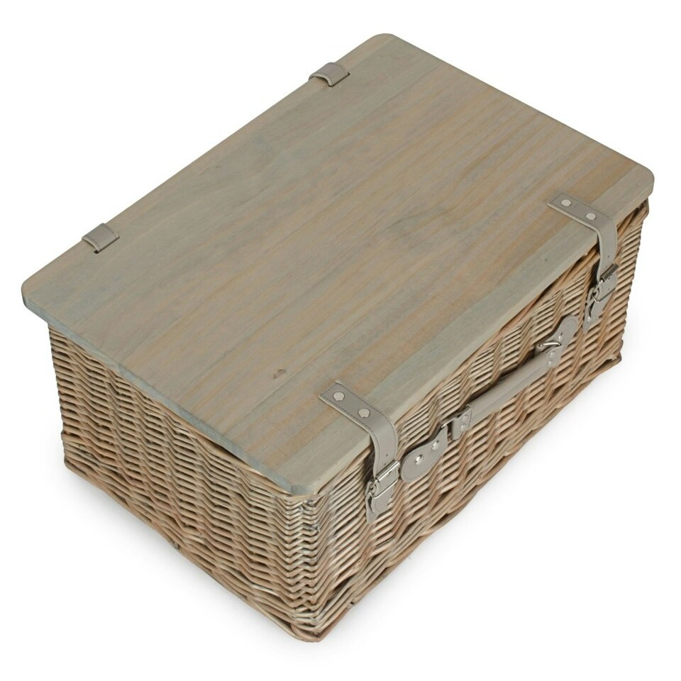 image 1 of Antique Wash Empty Picnic Basket with Pinewood Lid Brown | XL