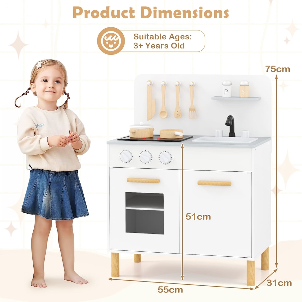 image 1 of COSTWAY Kids Kitchen Playset Toddler Pretend Play Kitchen w/Cooking Sounds-White