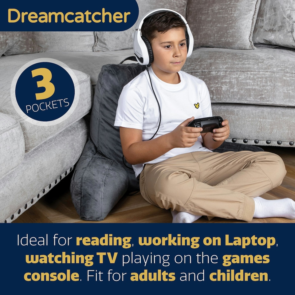 image 1 of Dreamcatcher Grey Reading Pillow Memory Foam Large Bed Cuddle Cushion, Gaming Cushion with Washable Velvet Cover | Grey | Grey | Large | 1