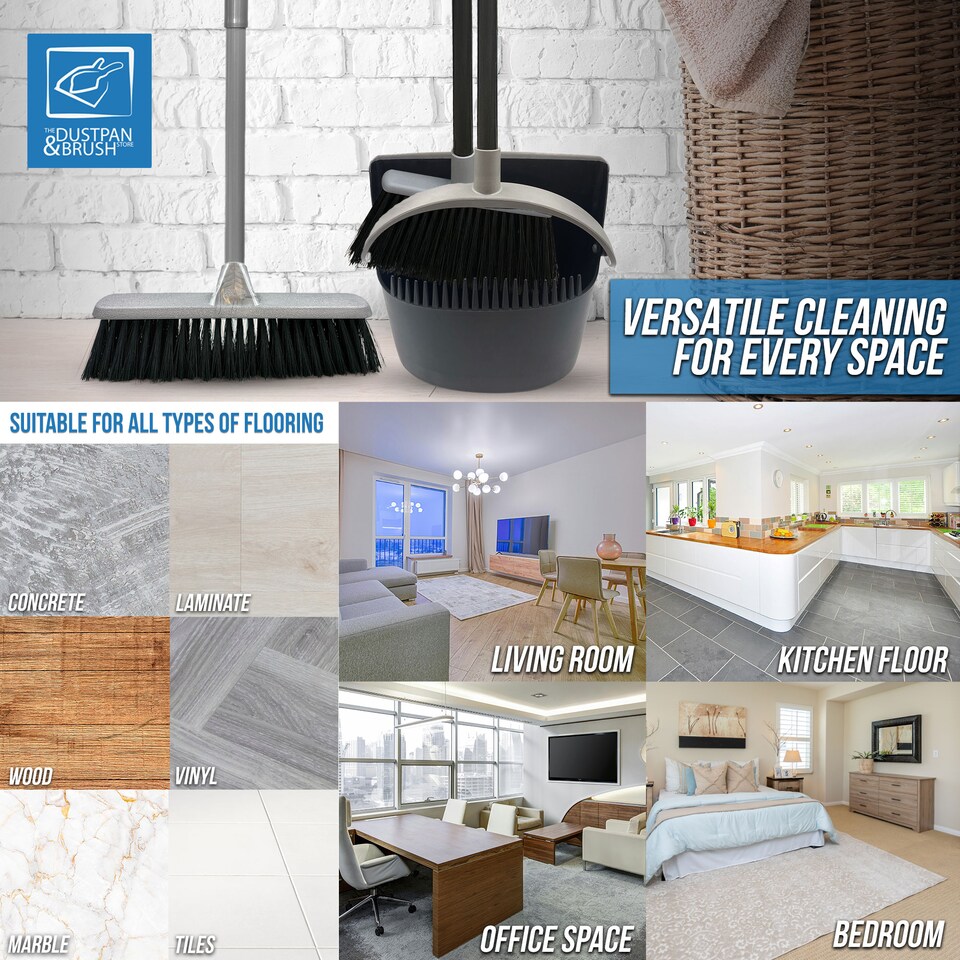image 1 of Indoor Soft Bristle Broom & Swivel Dustpan Set Long Handle Cleaning Kit