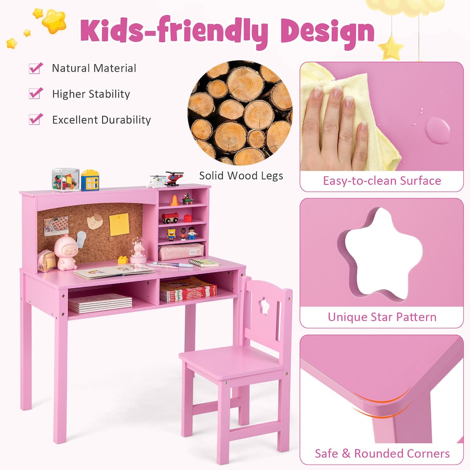 image 1 of COSTWAY Kids Desk and Chair Set Wooden Children Learning writing Table-Pink