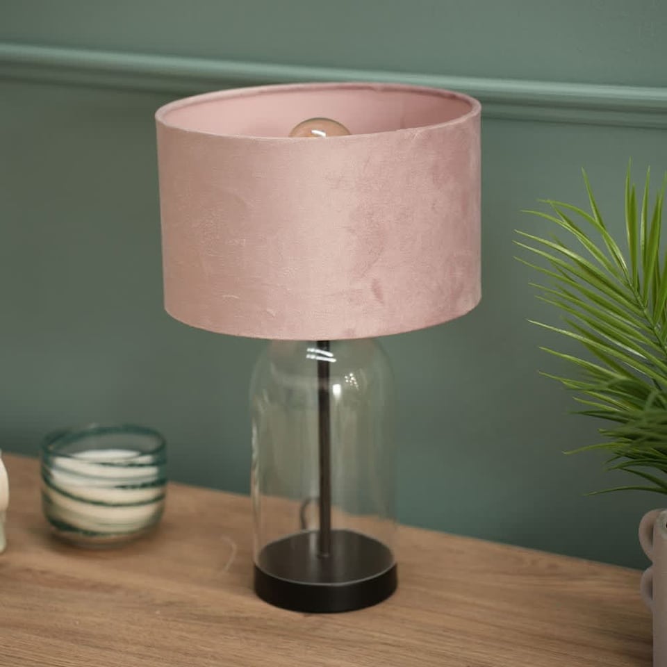 image 1 of ValueLights Jessy Glass Black Metal Table Lamp Blush Pink Velvet Shade | Clear