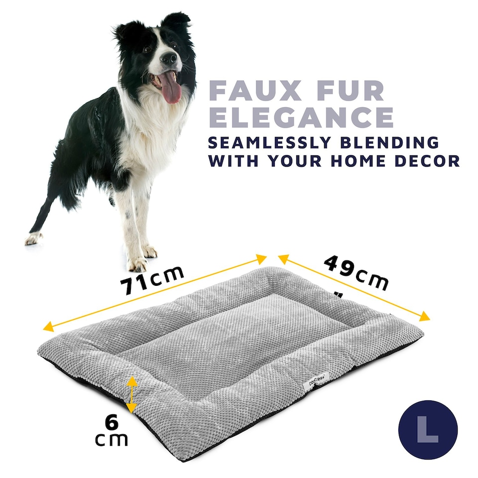 image 1 of DogCrates+ Large Dog Crate Bed – Washable Grey Cushion Mattress with Anti-Slip Base, Soft Faux Fur Mat for Dogs & Cats Grey | L