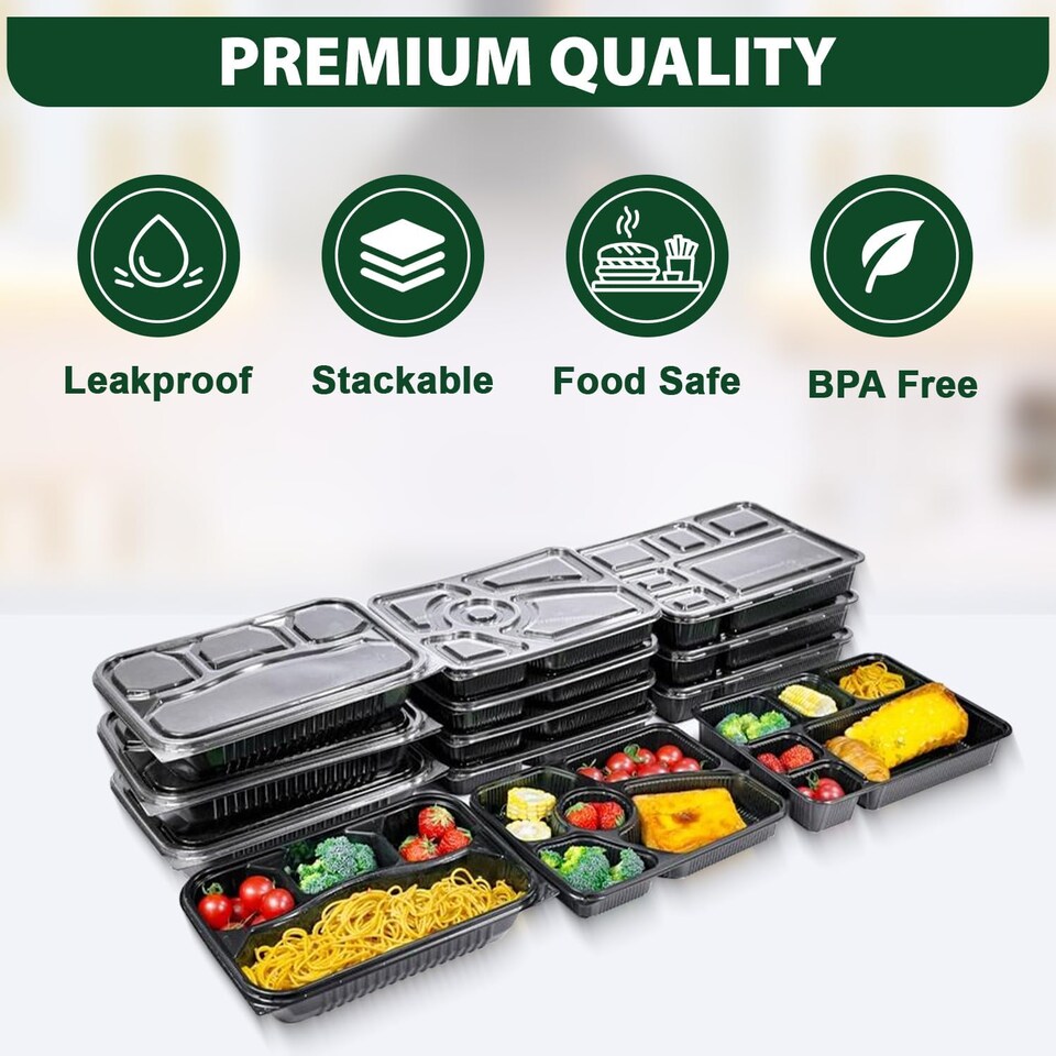 image 1 of Black 4 Compartment Meal Prep Containers With Lid Plastic Microwave Safe Food Storage Box 50pc