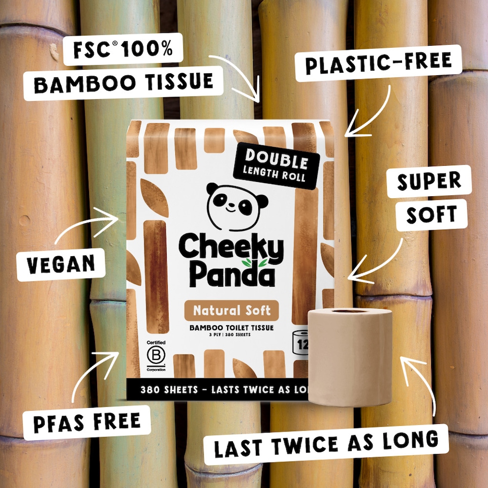 image 1 of Cheeky Panda Double-Length Natural Colour  Bamboo Toilet Paper 12 rolls 380 3 ply sheets | Brown | Size: 12 Rolls | 12
