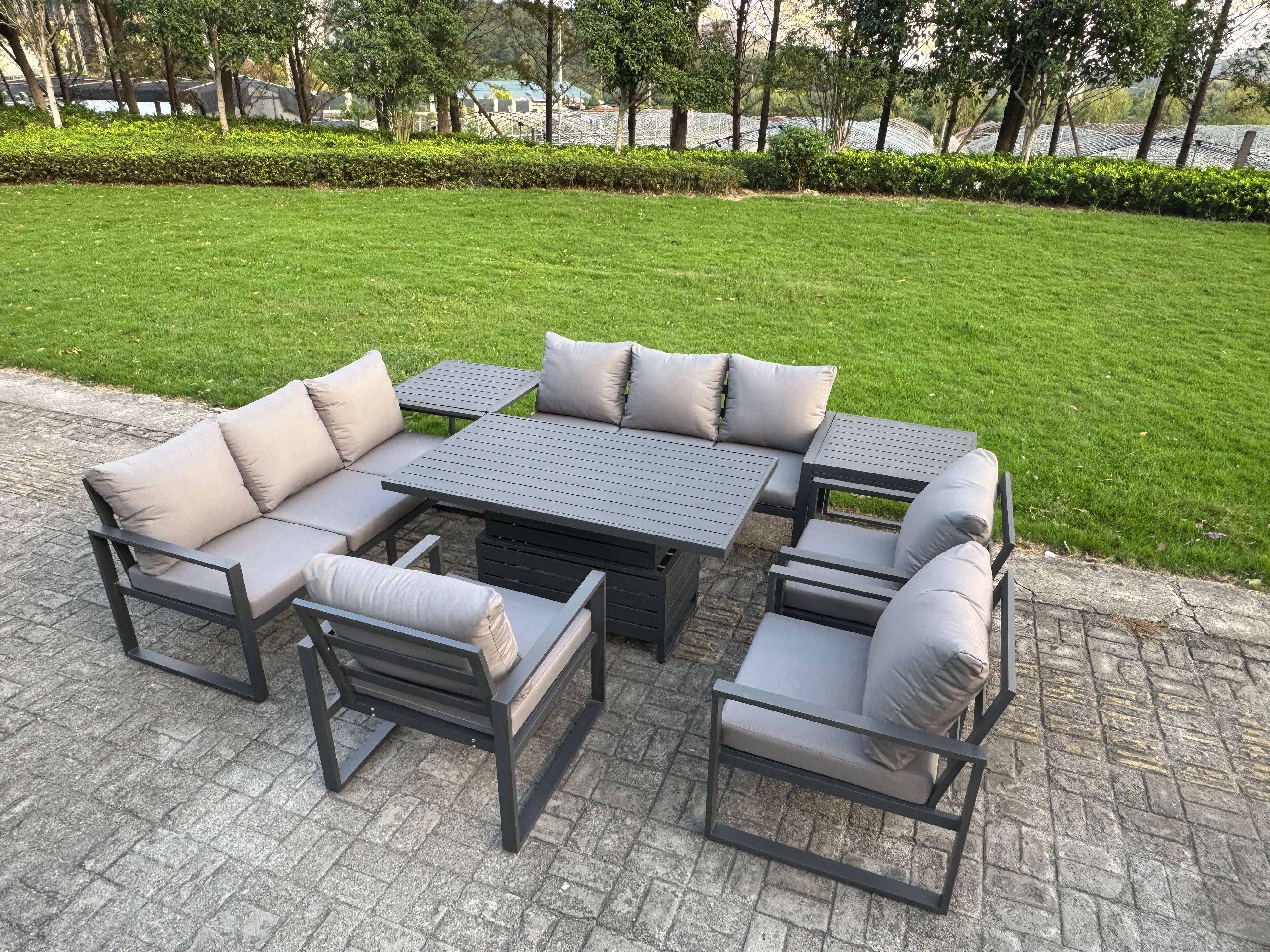 Fimous 8 Piece Garden Furniture Set 9-Seater Aluminium Outdoor Dining Set with Adjustable Rising Lifting Dining Table & Cushions 2 Side Tables 3 Chair