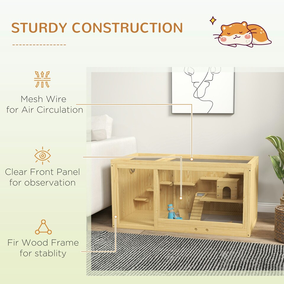 image 1 of PawHut Wooden Hamster Cage with Water Bottle, Platforms, Openable Roof