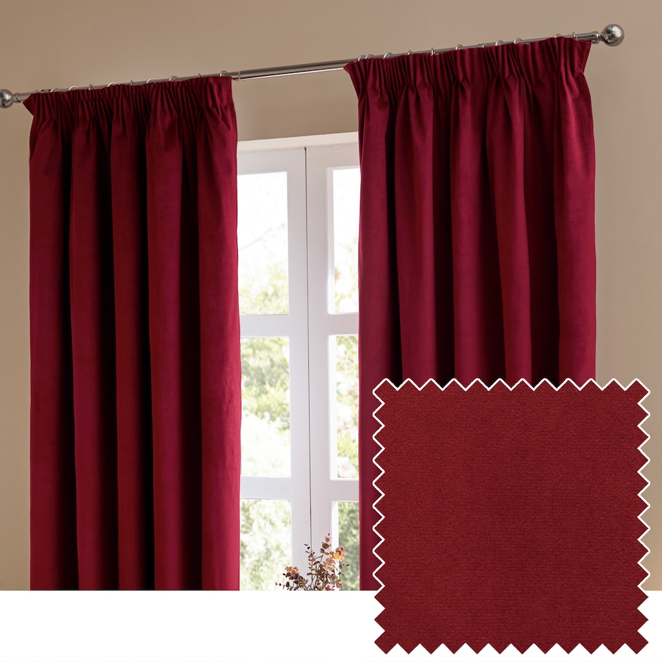 image 1 of furn. The Ultimate Velvet Blackout Pencil Pleat Curtain Pair, Burgundy, (W)168x (D)229cm | Red | Burgundy | One Size