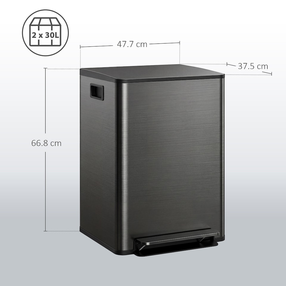 image 1 of HOMCOM 2 x 30L Double Kitchen Bin, Pedal Bin with Soft-Close Lid, Black