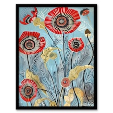 Poppy Flowers Modern Folk Art Quirky Living Room Black Framed Wall Art Print A4