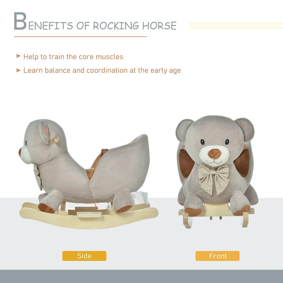 image 1 of HOMCOM Kids Rocking Bear Plush Ride On Seat w/ Sound Button Wood Base Seat Belt