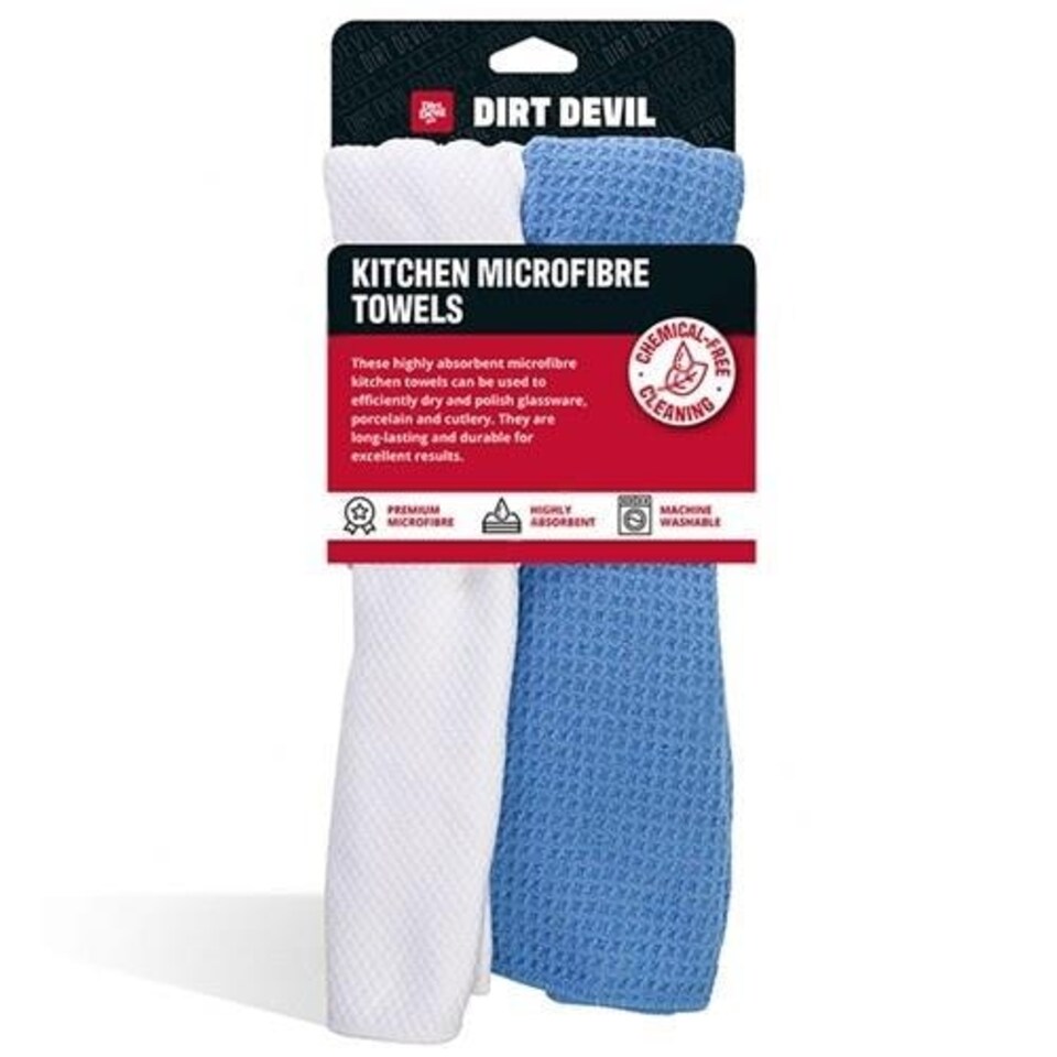 image 1 of Dirt Devil Pack of 2 Kitchen Microfibre Towels 30 x 30cm Blue White Blue | White