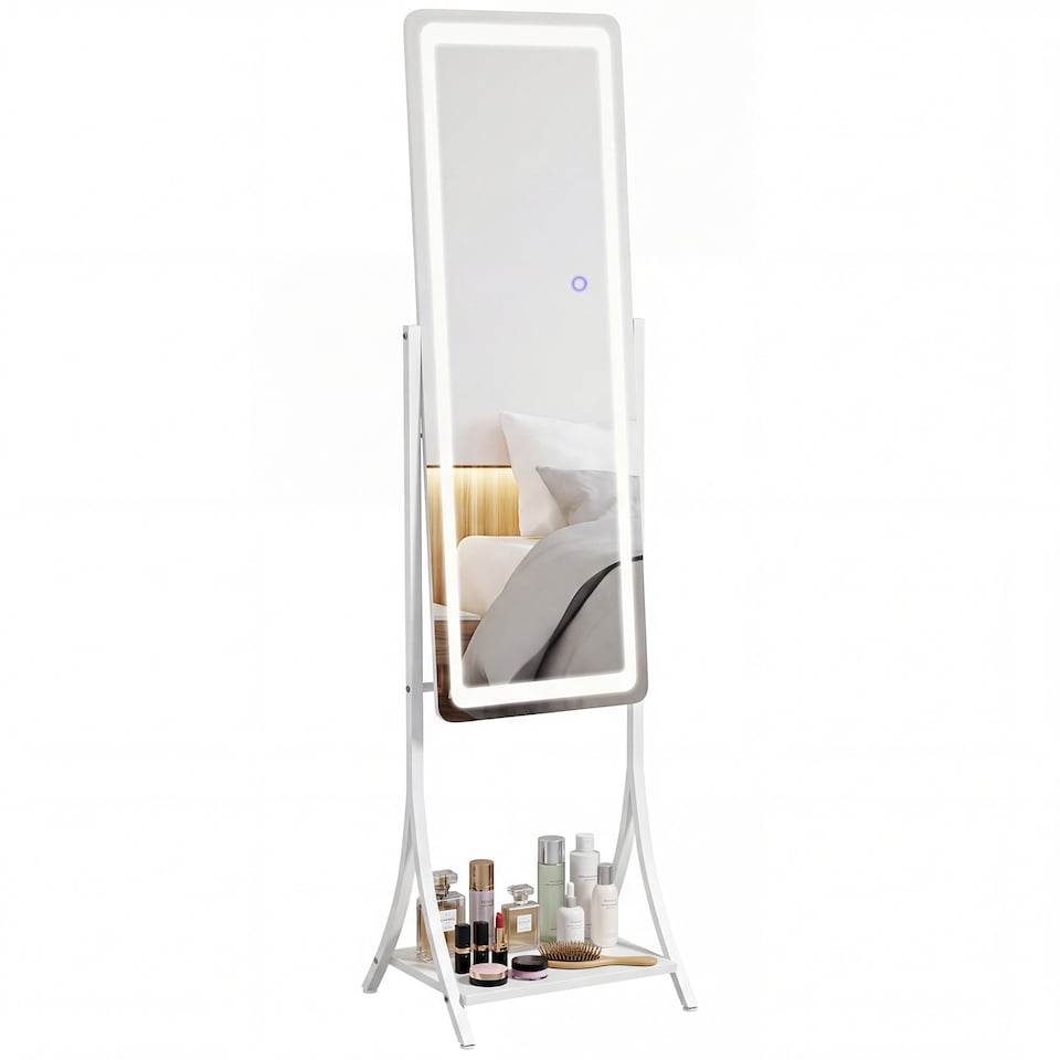 image 1 of HOMCOM LED Lighted Full Length Mirror, Floor Standing Mirror with Storage Shelf