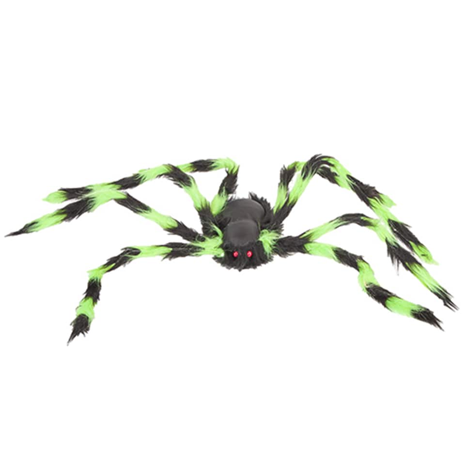 image 1 of Furry Green & Black Spider Halloween Decoration 19cm