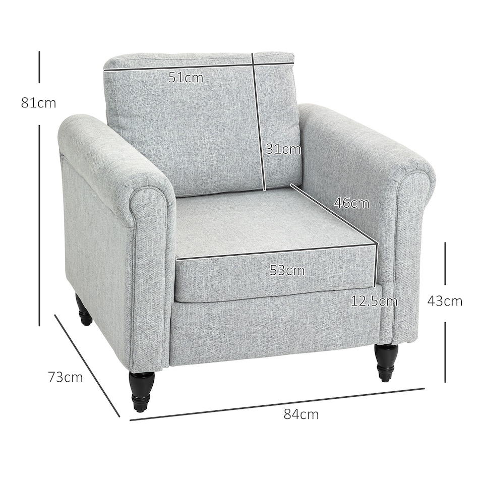 image 1 of HOMCOM Armchair, Upholstered Accent Chair, Occasional Fireside Chair with Back Pillow and Rubber Wood Legs, Single Sofa for Living Room, Reading Room, Light Grey