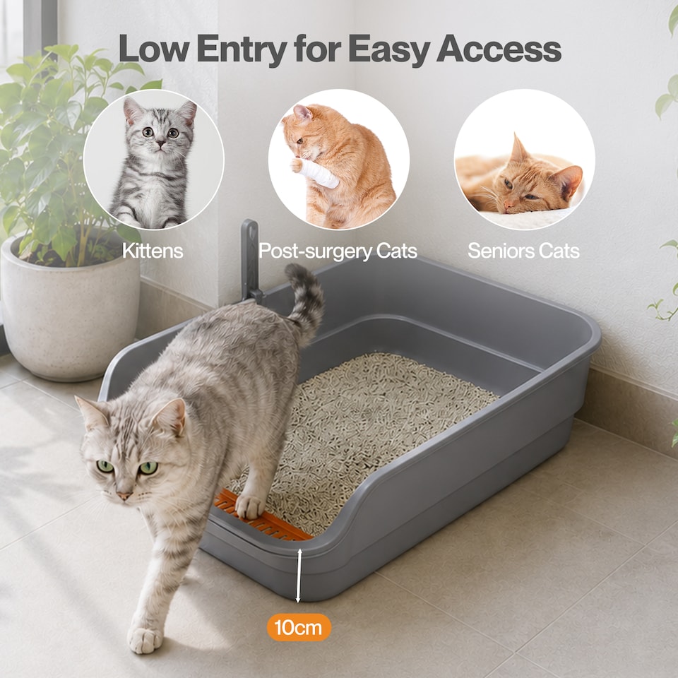 image 1 of Skylos Cat Litter Tray Spacious High Sided Low Entry Open Pan for Cats Grey
