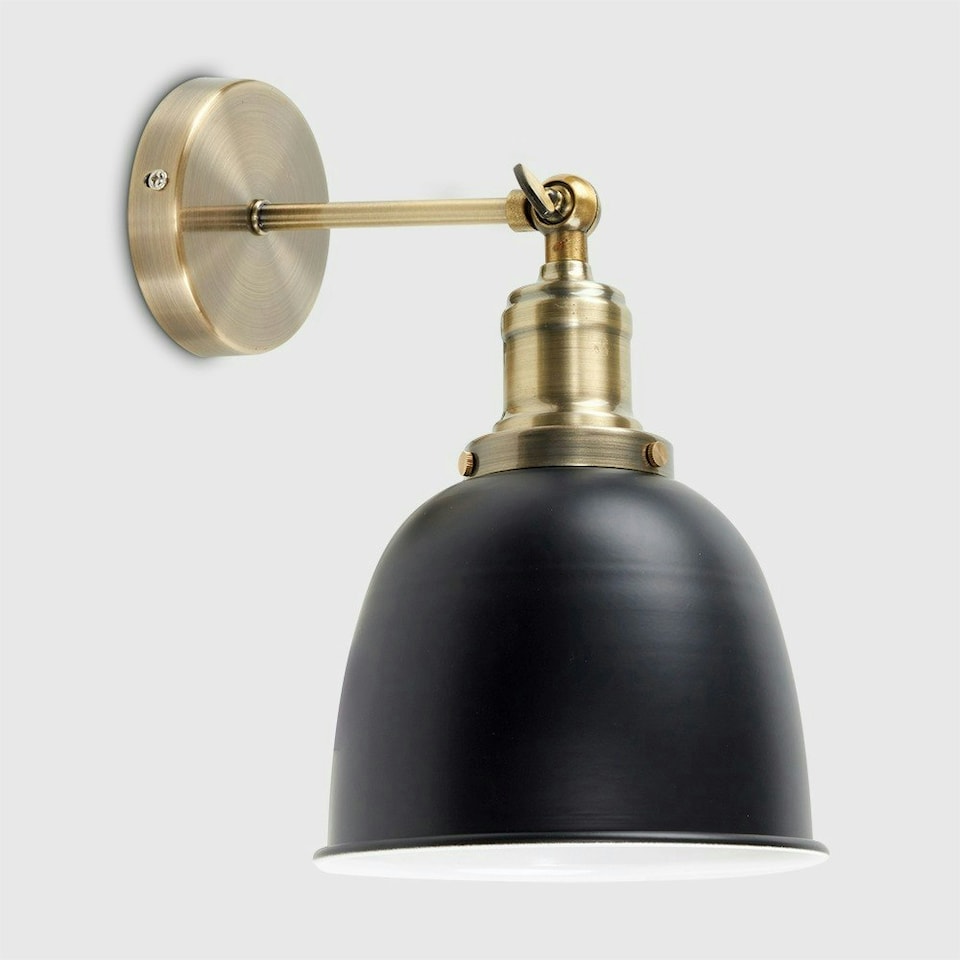 image 1 of ValueLights Retro Style Antique Brass Adjustable Knuckle Joint Wall Light with a Gloss Black Dome Shade - Complete with a 4w LED Filament Bulb 2700K Warm White