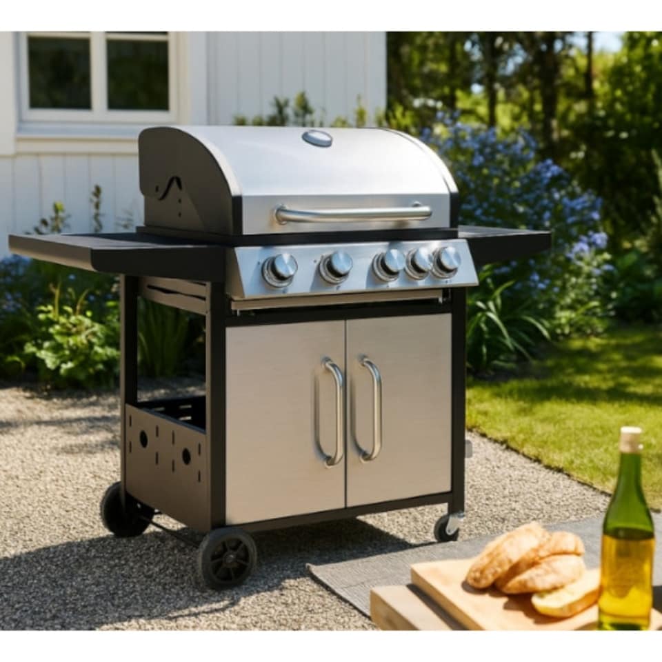 image 1 of 4 + 1 Burner Gas BBQ with Built-in Side Burner, Thermometer & Folding Shelves
